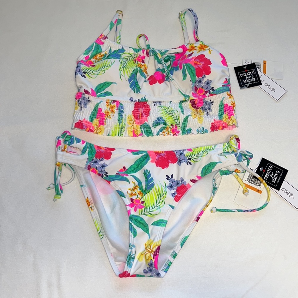 SALT + COVE Retro Hibiscus Smocked Cami Bikini Top & Lace-Up Hipster Bottoms S